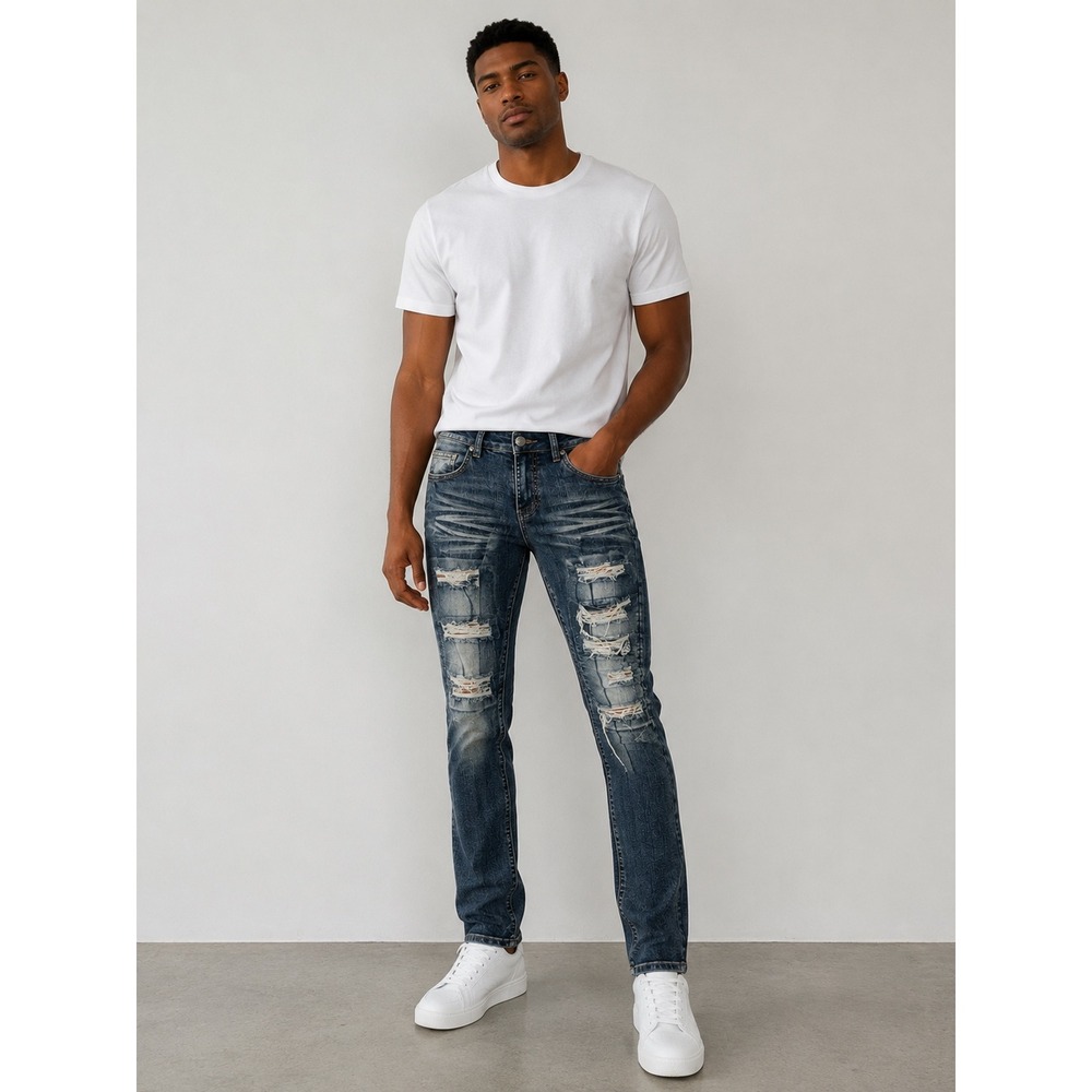 Street Jeans Mens Skinny Fit Distressed Shredded Denim Dark Wash Blue Size 28